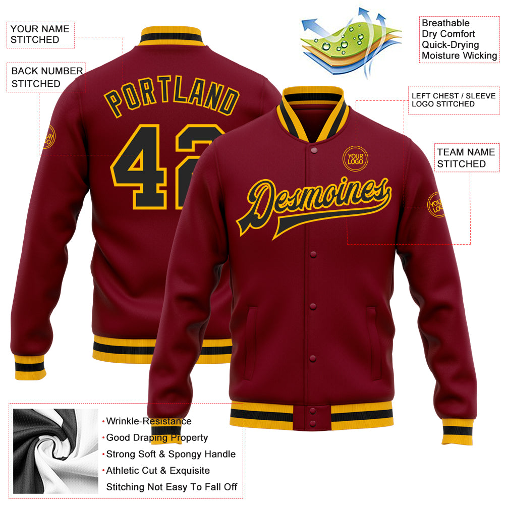 Personalized Crimson Black-Gold Bomber Full-Snap Varsity Letterman Jacket Team Custom Name and Number Custom Name Number Varsity Letterman Jacket Personalized Crimson Black-Gold Full-Snap Bomber Personalized Crimson Black-Gold - Image 3