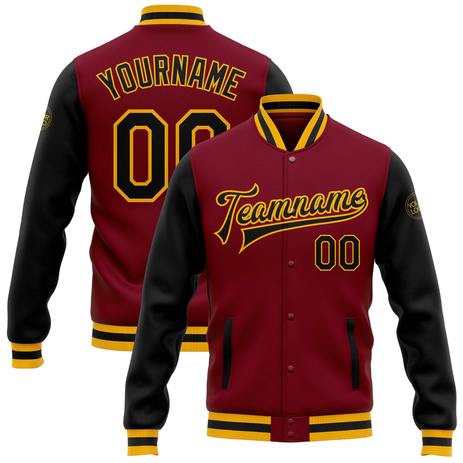 Custom Name Number Crimson Black Gold Two Tone Bomber Varsity Letterman Full-Snap Jacket Personalized Crimson Black-Gold
