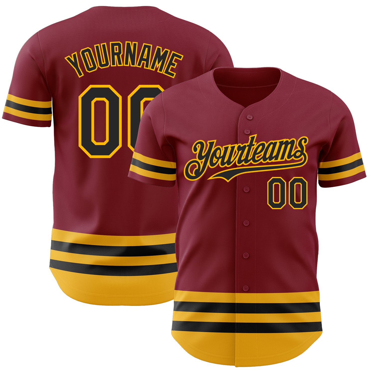 Personalized Baseball Jersey in Crimson with Black and Gold Lines Personalized Crimson Black-Gold Line Baseball Jersey