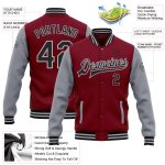 Custom Team Name and Number Bomber Jacket - Personalized Crimson Black-Gray Full-Snap Varsity Letterman Two Tone Jacket Personalized