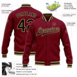 Personalized Varsity Letterman Jacket in Crimson Black and Old Gold Full-Snap Style Personalized Crimson Black-Old Gold Bomber