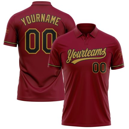 Custom Team Name Number Performance Vapor Golf Polo Shirt Crimson Black Old Gold Personalized Crimson Black-Old Gold Performance
