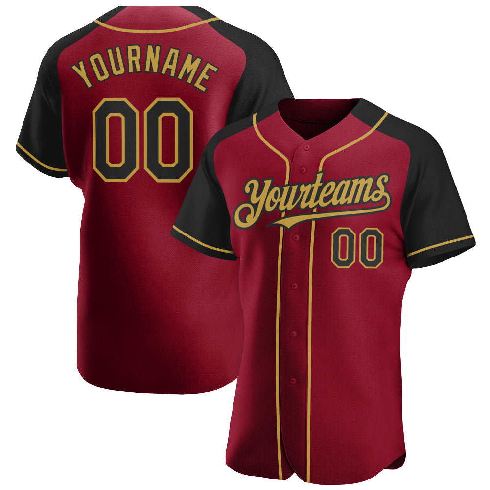 Personalized Baseball Jersey with Crimson, Black, and Old Gold Raglan Sleeves Personalized Crimson Black-Old Gold Raglan