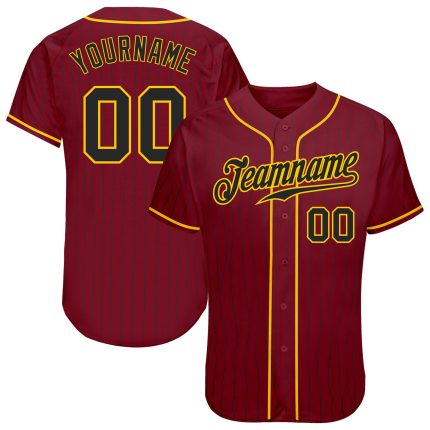 Personalized Black Gold Baseball Jersey with Crimson Black Pinstripe Design Personalized Crimson Black Pinstripe Black-Gold