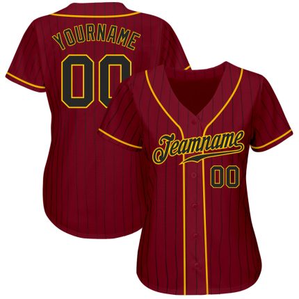Personalized Black Gold Baseball Jersey with Crimson Black Pinstripe Design Personalized Crimson Black Pinstripe Black-Gold
