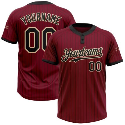 Personalized Unisex Softball Jersey - Crimson Black Pinstripe Two-Button Cream Design Personalized Crimson Black Pinstripe
