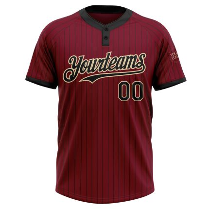 Personalized Unisex Softball Jersey - Crimson Black Pinstripe Two-Button Cream Design Personalized Crimson Black Pinstripe
