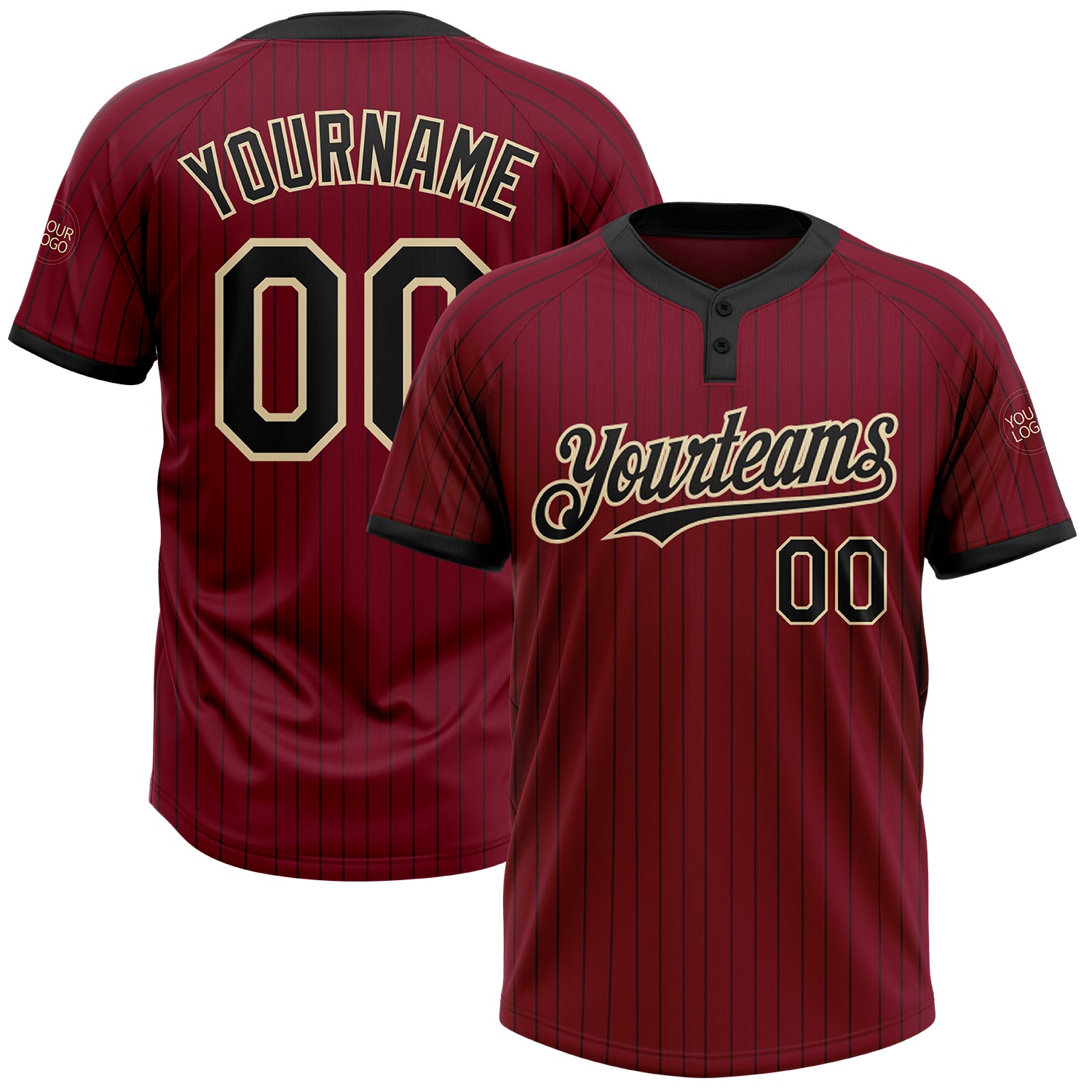 Custom Name and Number Unisex Softball Jersey - Personalized Crimson Black Pinstripe Two-Button Design Personalized Crimson