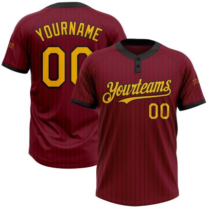 Personalized Gold Two-Button Unisex Softball Jersey in Crimson Black Pinstripe Personalized Crimson Black Pinstripe Gold