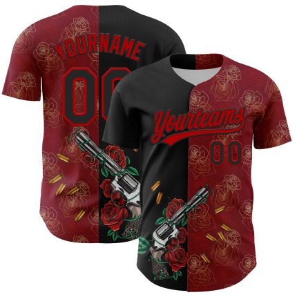 Personalized Black-Red Gothic Style Gun Rose 3D Baseball Jersey Personalized Crimson Black-Red 3D Gothic Style Gun Rose Baseball