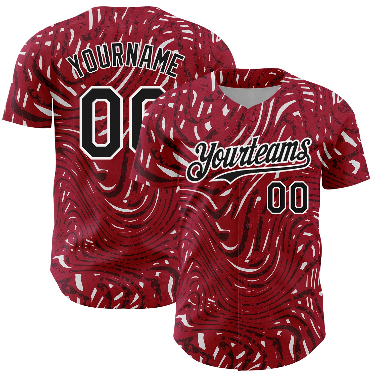 Personalized 3D Abstract Fluid Baseball Jersey in Crimson and Black-White Personalized Crimson Black-White 3D Abstract Fluid