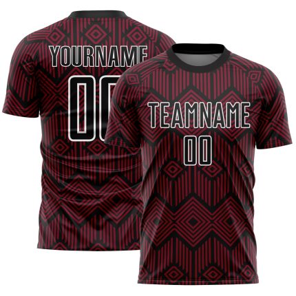 Custom Name and Number Abstract Geometric Soccer Jersey - Personalized Crimson Black-White Uniform Personalized Crimson Black-White