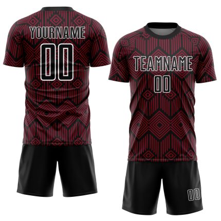Custom Name and Number Abstract Geometric Soccer Jersey - Personalized Crimson Black-White Uniform Personalized Crimson Black-White