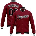 Custom Name and Number Varsity Letterman Jacket - Personalized Crimson Black-White Full-Snap Bomber Personalized Crimson
