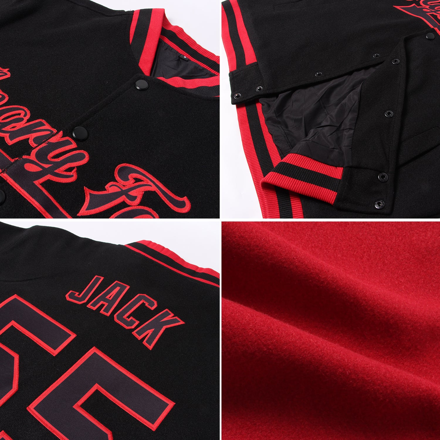 Personalized Crimson Black-White Bomber Full-Snap Varsity Letterman Two Tone Jacket Team Custom Name and Number Custom Team Name Number Two Tone Bomber Varsity Letterman Jacket Crimson Black-White Full-Snap Personalized Personalized - Image 2