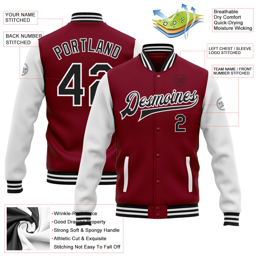Personalized Crimson Black-White Bomber Full-Snap Varsity Letterman Two Tone Jacket Team Custom Name and Number Custom Team Name Number Two Tone Bomber Varsity Letterman Jacket Crimson Black-White Full-Snap Personalized Personalized - Image 3