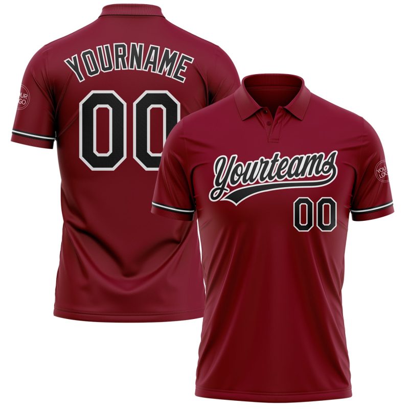 Custom Crimson Black-White Golf Polo Shirt with Name and Number - Personalized Performance Apparel Personalized Crimson Black-White