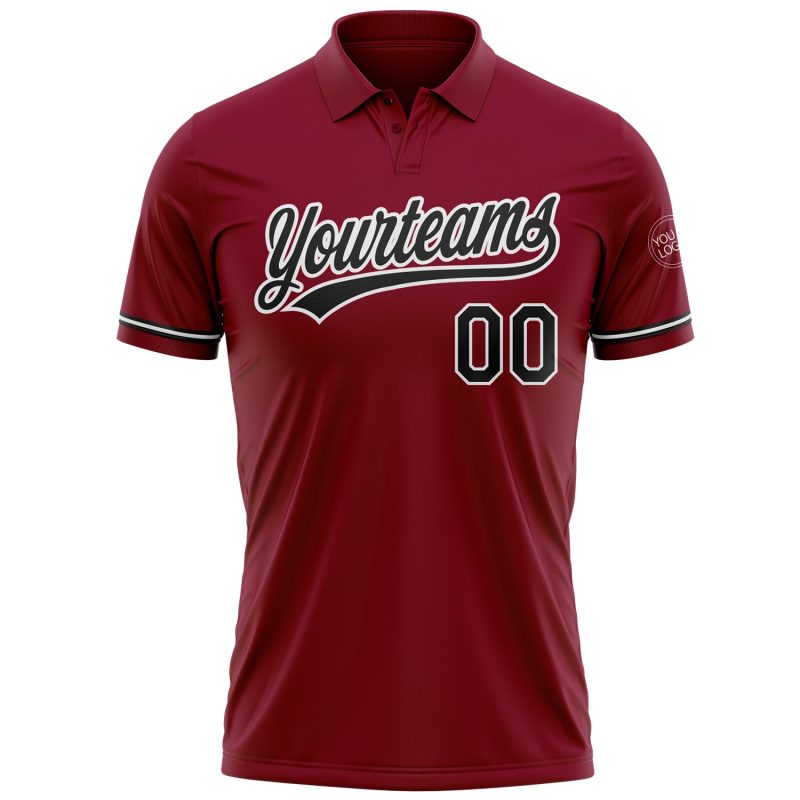 Custom Crimson Black-White Golf Polo Shirt with Name and Number - Personalized Performance Apparel Personalized Crimson Black-White