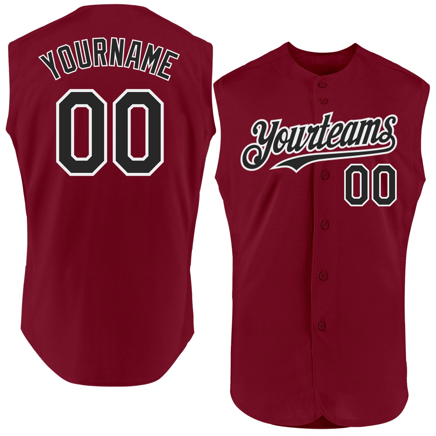 Personalized Sleeveless Baseball Jersey in Crimson Black-White Colors Personalized Crimson Black-White Sleeveless Baseball