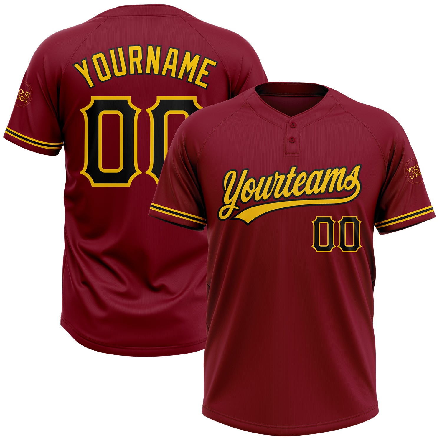 Personalized Crimson Black Yellow Softball Jersey Unisex Two-Button Design Personalized Crimson Black-Yellow Two-Button Unisex