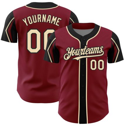 Custom Name and Number Authentic Baseball Jersey in Crimson City Cream-Black - 3 Colors, Arm Shapes Personalized Crimson
