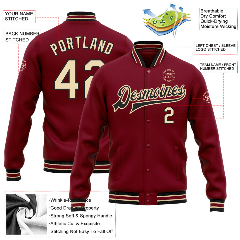 Personalized Crimson City Cream-Black Bomber Full-Snap Varsity Letterman Jacket Personalized Crimson City Bomber Jacket Cream-Black Full-Snap Varsity Letterman Personalized Crimson City Cream-Black Bomber - Image 5