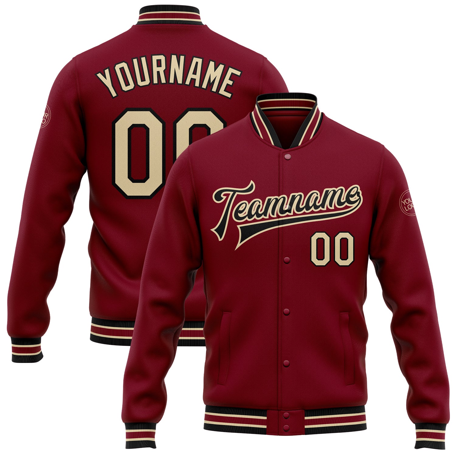 Custom Name Number Bomber Jacket Personalized Crimson City Cream Black Varsity Letterman Full-Snap Personalized Crimson City