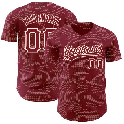 Custom Name and Number Personalized Baseball Jersey with Crimson Cream 3D Pattern Design and Curve Lines Personalized Crimson