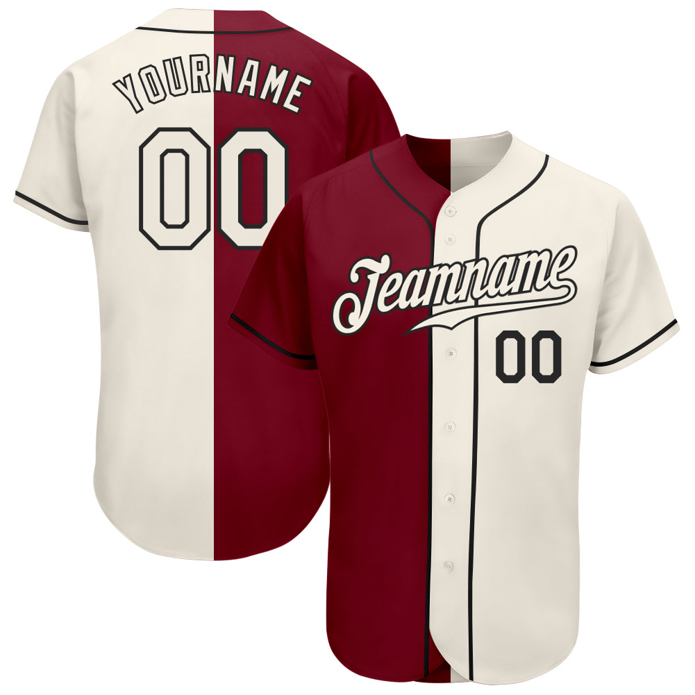 Custom Name and Number Authentic Split Fashion Baseball Jersey - Personalized Crimson Cream and Black Personalized Crimson