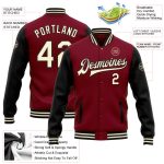 Personalized Crimson Black Varsity Letterman Bomber Jacket Cream Two Tone Full-Snap Personalized Crimson Cream-Black Bomber