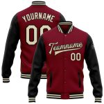 Personalized Crimson Black Varsity Letterman Bomber Jacket Cream Two Tone Full-Snap Personalized Crimson Cream-Black Bomber