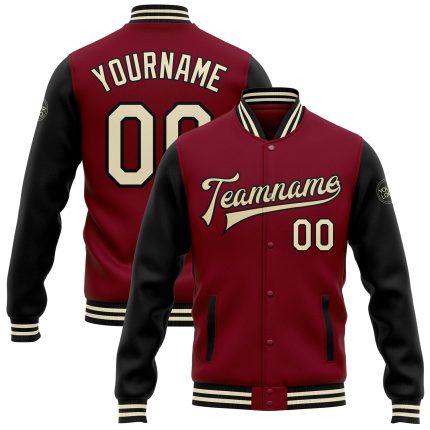 Custom Name and Number Crimson Black Two Tone Varsity Letterman Bomber Jacket - Personalized Full-Snap Team Jacket Personalized