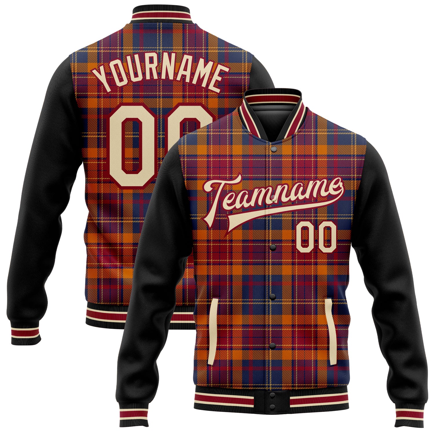 Personalized Classic Western Plaid Bomber Jacket 3D Pattern Crimson Cream Black Full-Snap Varsity Letterman Personalized
