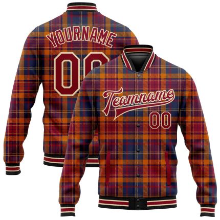 Custom Name & Number Western Plaid Varsity Letterman Jacket - Personalized Crimson Cream 3D Bomber Full-Snap Design Personalized