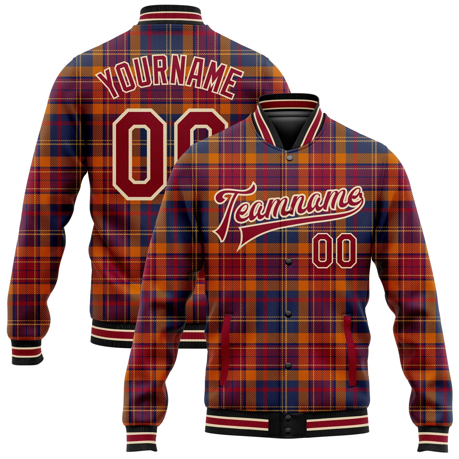 Custom Name & Number Western Plaid Varsity Letterman Jacket - Personalized Crimson Cream 3D Bomber Full-Snap Design Personalized
