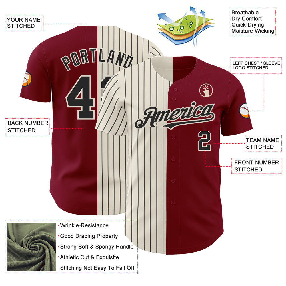 Personalized Crimson Cream-Black Pinstripe Authentic Split Fashion Baseball Jersey Team Custom Name and Number Custom Name Number Baseball Jersey - Personalized Crimson Cream Black Pinstripe Authentic Split Fashion Personalized Crimson - Image 3