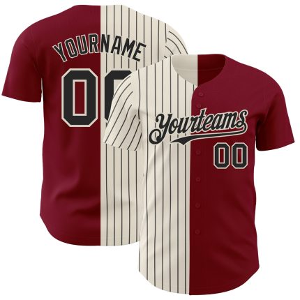 Personalized Fashion Baseball Jersey - Crimson Cream and Black Pinstripe Split Design Personalized Crimson Cream-Black Pinstripe