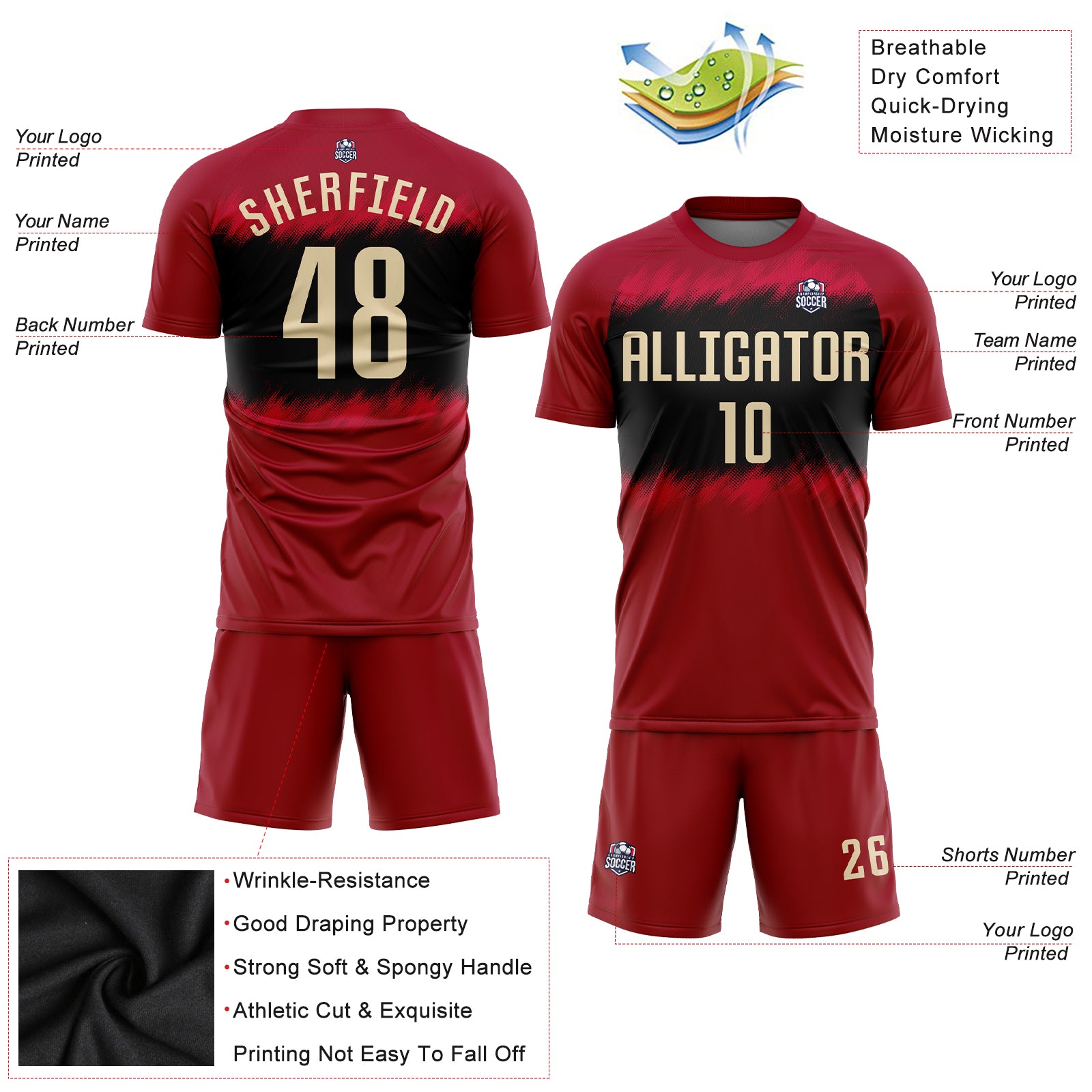 Personalized Crimson Cream-Black Sublimation Soccer Uniform Jersey Team Custom Name and Number Custom Name and Number Soccer Jersey - Personalized Crimson Cream-Black Sublimation Uniform Personalized Crimson Cream-Black - Image 3
