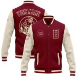 Personalized Two Tone Bomber Jacket Crimson Cream Maroon Full-Snap Varsity Letterman Personalized Crimson Cream-Maroon Bomber