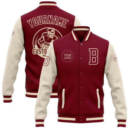 Personalized Two Tone Bomber Jacket Crimson Cream Maroon Full-Snap Varsity Letterman Personalized Crimson Cream-Maroon Bomber
