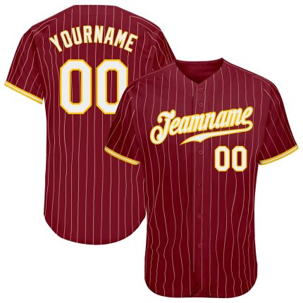 Personalized Gold-White Baseball Jersey with Crimson Cream Pinstripe Design Personalized Crimson Cream Pinstripe Gold-White
