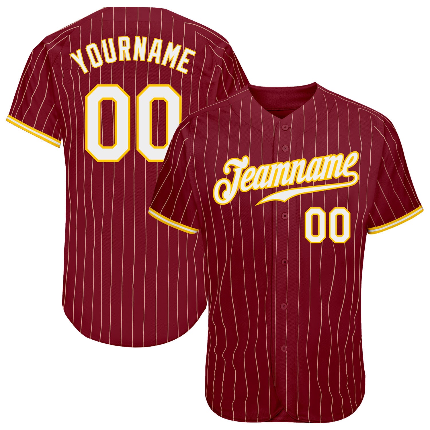 Personalized Gold-White Baseball Jersey with Crimson Cream Pinstripe Design Personalized Crimson Cream Pinstripe Gold-White