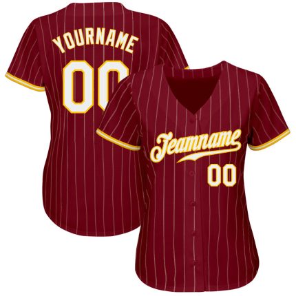 Personalized Gold-White Baseball Jersey with Crimson Cream Pinstripe Design Personalized Crimson Cream Pinstripe Gold-White