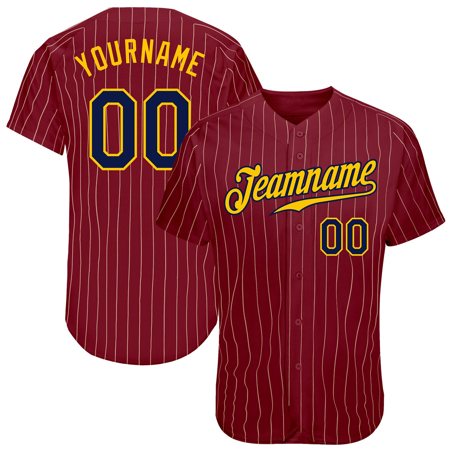 Custom Name and Number Navy-Gold Baseball Jersey - Personalized Crimson Cream Pinstripe Design Personalized Crimson Cream