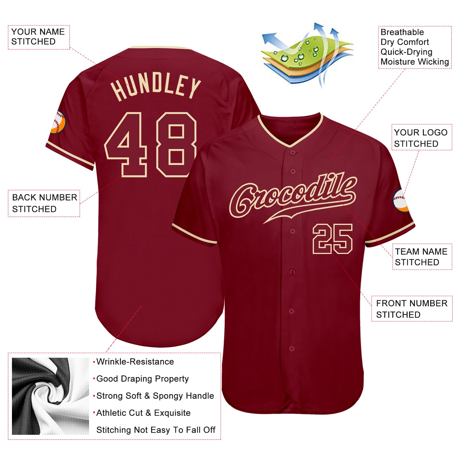 Personalized Crimson Crimson-Cream Authentic Baseball Jersey Team Custom Name and Number Custom Name and Number Authentic Baseball Jersey - Personalized Crimson and Cream Team Jersey Personalized Crimson Crimson-Cream - Image 3