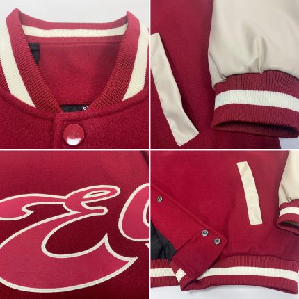 Custom Two-Tone Varsity Letterman Bomber Jacket with Personalized Name & Number - Crimson Cream Maroon Personalized Crimson