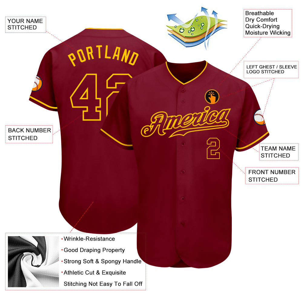 Personalized Crimson Crimson-Gold Baseball Jersey Personalized Crimson Gold Baseball Jersey for Adults and Kids - Custom Sports Apparel Personalized Crimson Crimson-Gold Baseball - Image 3