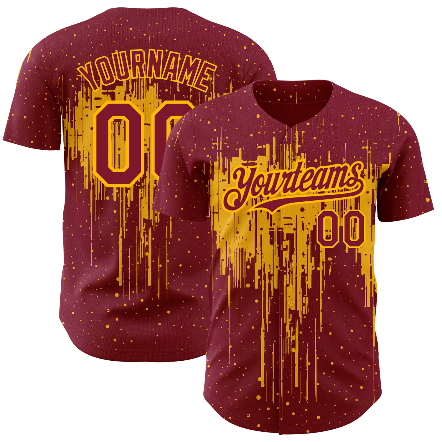Personalized Baseball Jersey with Custom Name and Number - Crimson Gold 3D Dripping Splatter Design Authentic Team Apparel