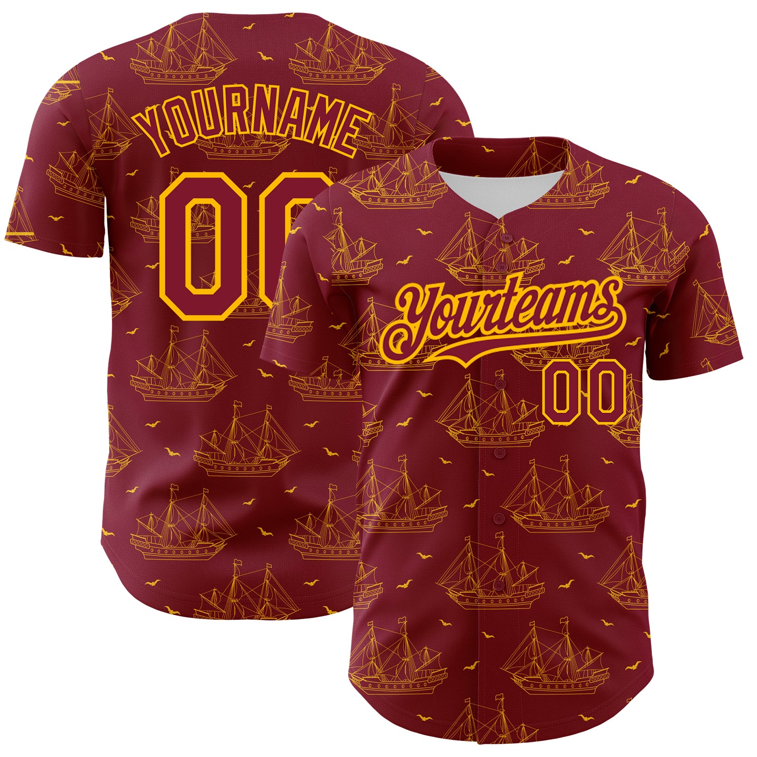 Personalized 3D Frigate Baseball Jersey with Seagulls - Custom Name & Number in Crimson Gold Design Personalized Crimson