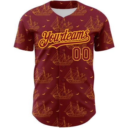 Personalized 3D Crimson Gold Frigate Ship Baseball Jersey with Seagulls Personalized Crimson Gold 3D Ship Frigate Seagulls